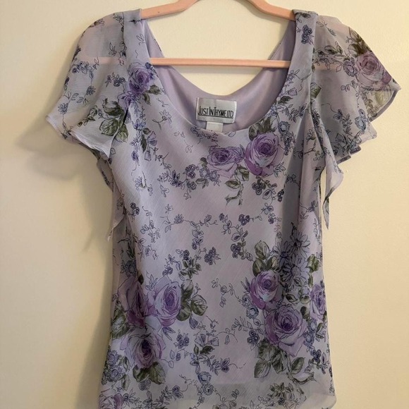 Tops - Vintage 90s Lavender Floral Chiffon Blouse Y2K Flutter Sleeve Top Sz Small